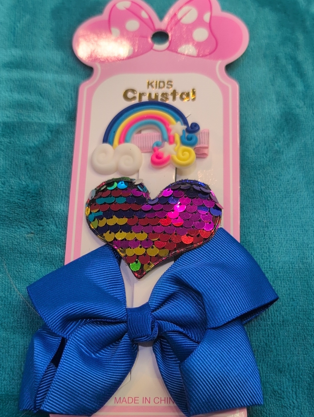Kids Crystal Sequin Heart & Royal Blue Bow Hair Set